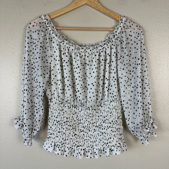 Anthropologie Lucia Blouse Top Smocked Cottagecore Polka Dot White Black Small - Picture 3 of 4